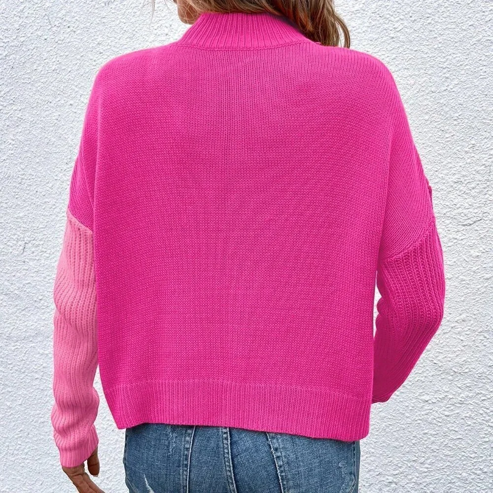 Multicolor Casual Patchwork Women's Long Sleeve Stand Collar Pullover Sweater